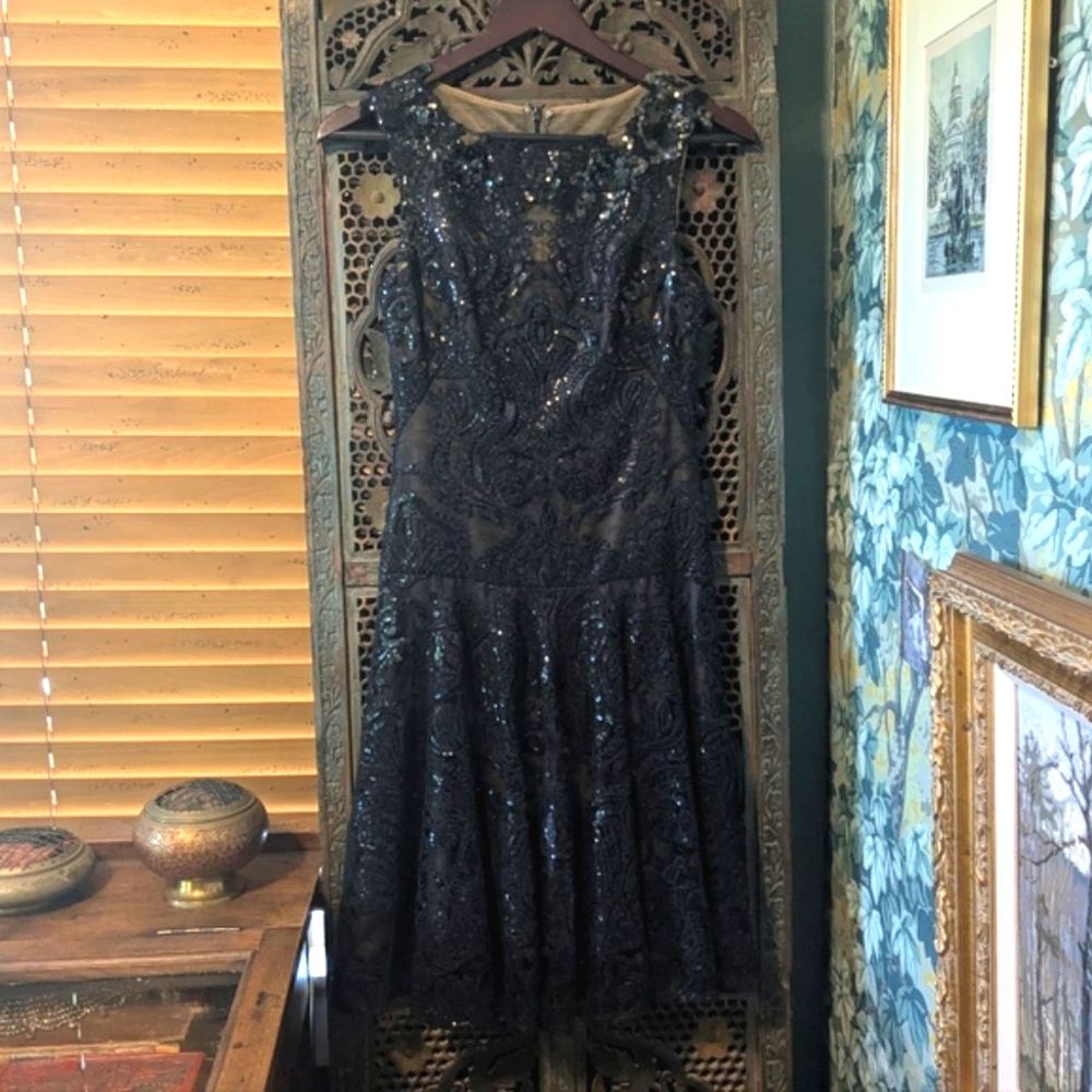 Black Sequin Fit-and-Flare Dress by Marchesa Notte